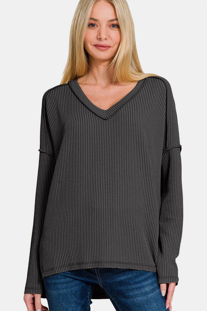 Zenana - High Low Ribbed V-Neck Top - Black - Inspired Eye Boutique