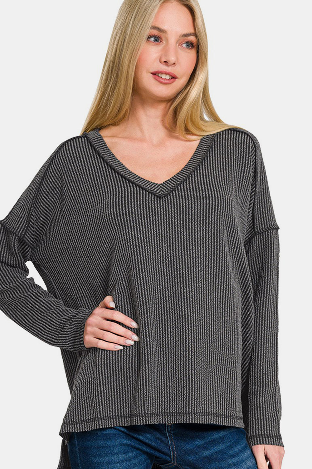 Zenana - High Low Ribbed V-Neck Top - Charcoal - Inspired Eye Boutique