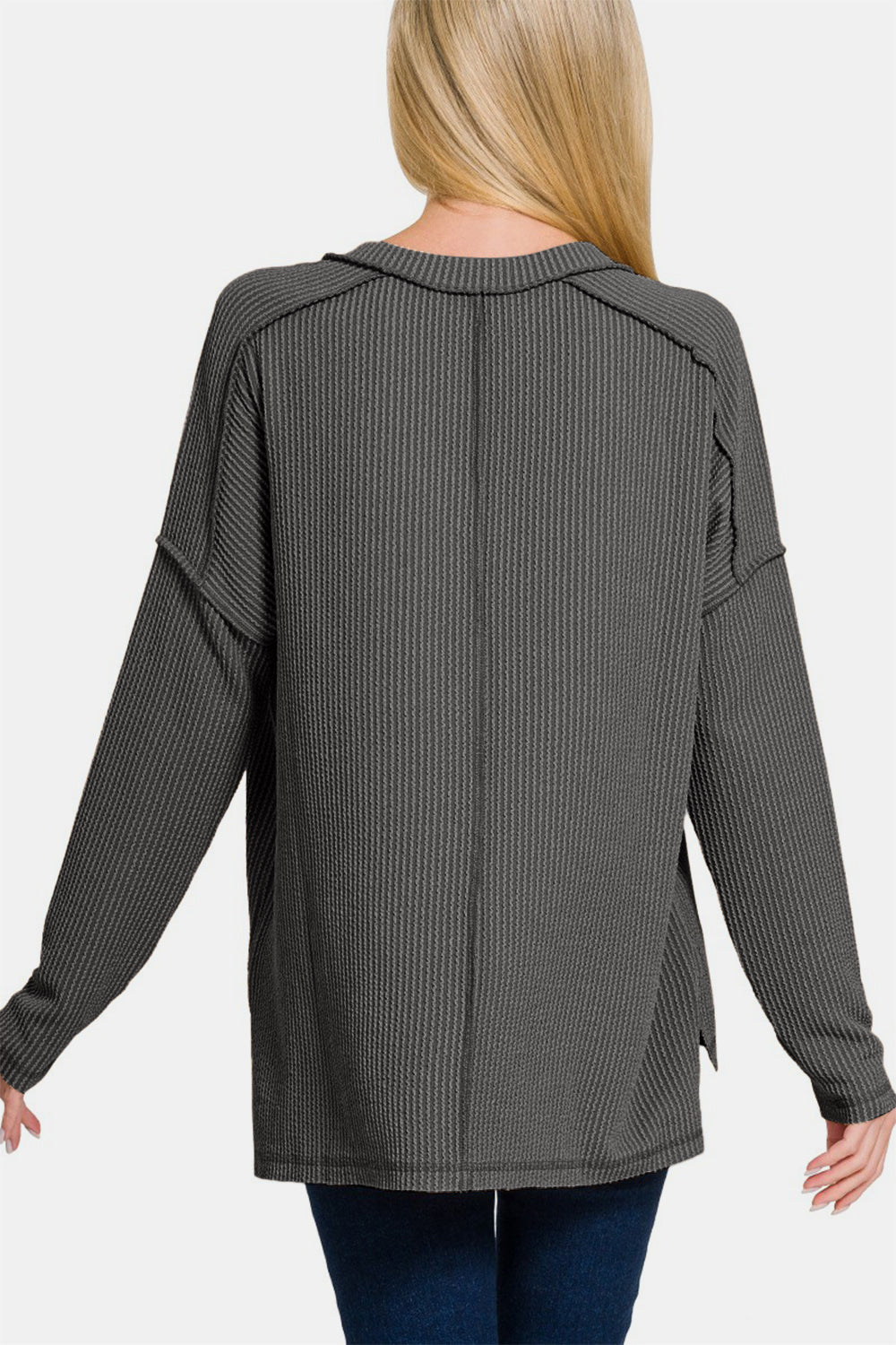 Zenana - High Low Ribbed V-Neck Top - Charcoal - Inspired Eye Boutique