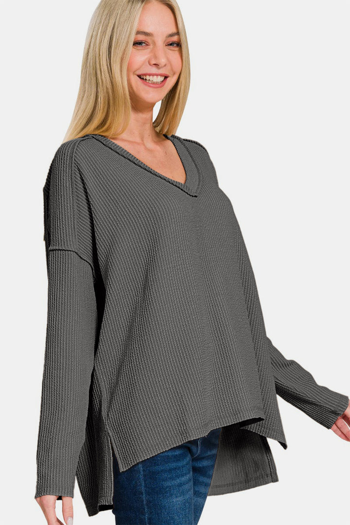 Zenana - High Low Ribbed V-Neck Top - Charcoal - Inspired Eye Boutique