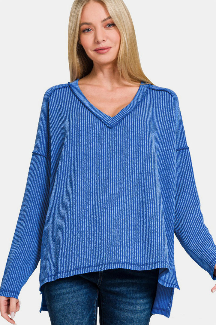 Zenana - High Low Ribbed V-Neck Top - Classic Blue - Inspired Eye Boutique