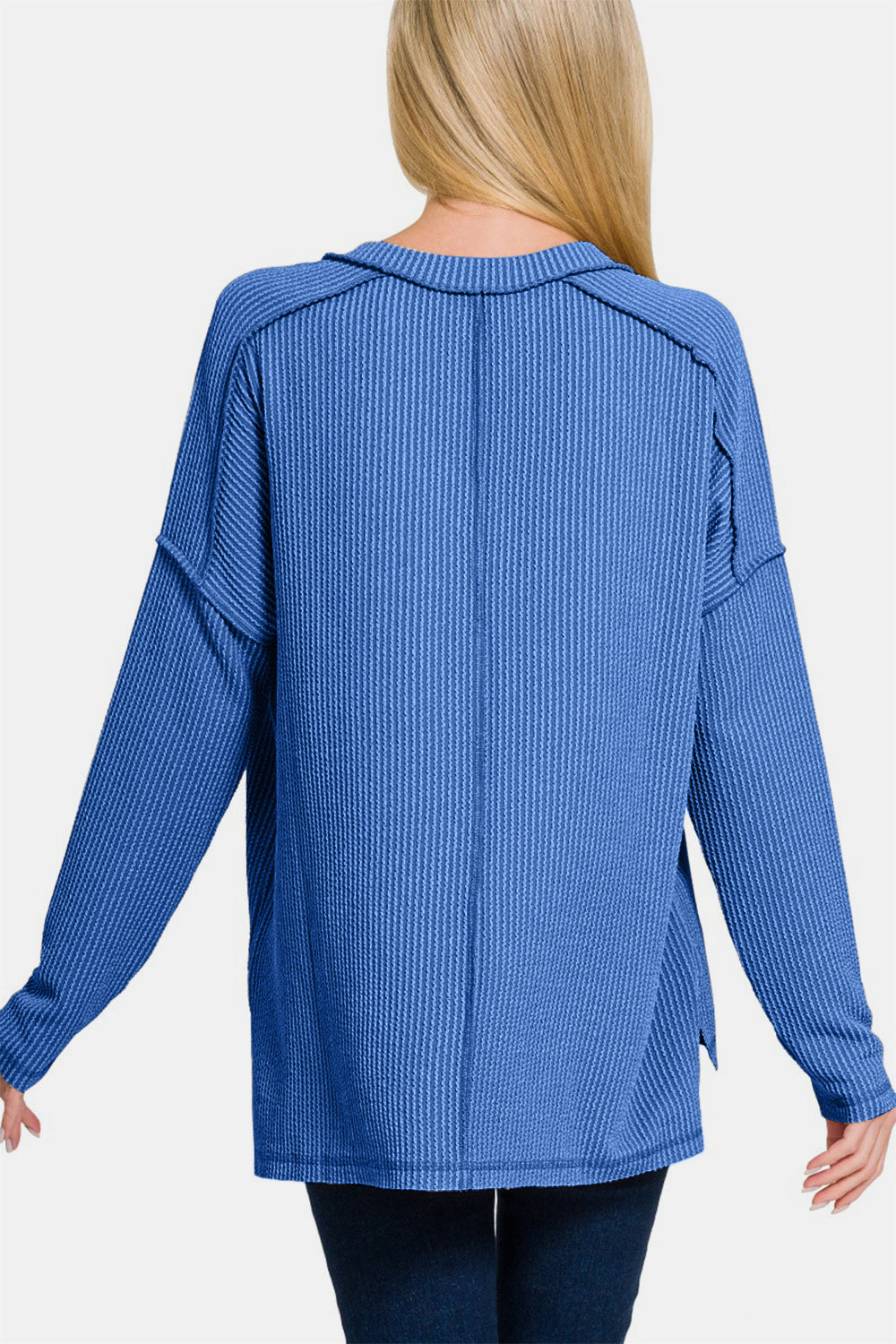 Zenana - High Low Ribbed V-Neck Top - Classic Blue - Inspired Eye Boutique