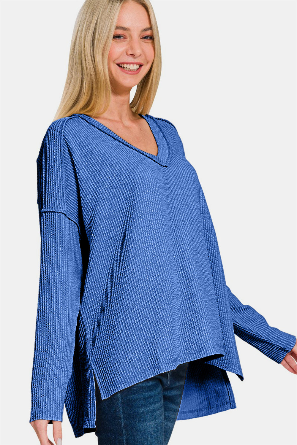 Zenana - High Low Ribbed V-Neck Top - Classic Blue - Inspired Eye Boutique