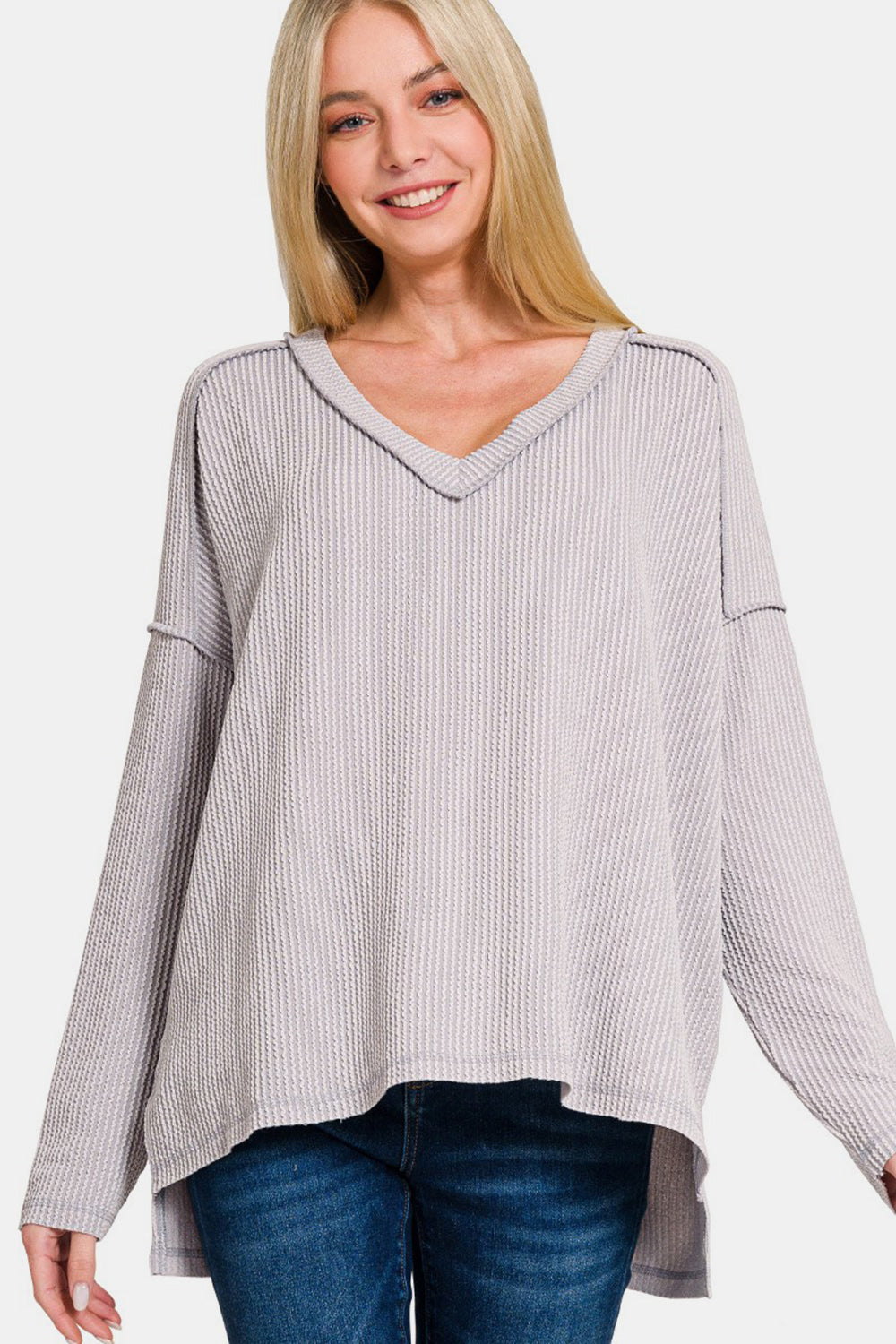 Zenana - High Low Ribbed V-Neck Top - Light Gray - Inspired Eye Boutique