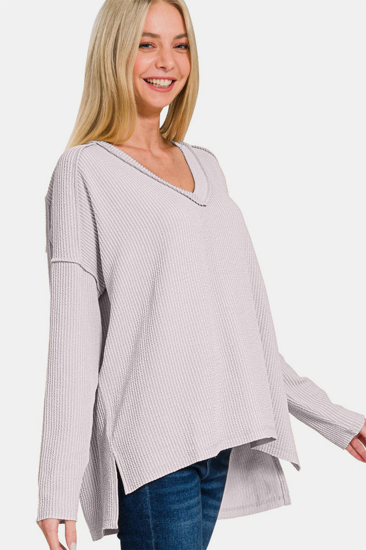 Zenana - High Low Ribbed V-Neck Top - Light Gray - Inspired Eye Boutique