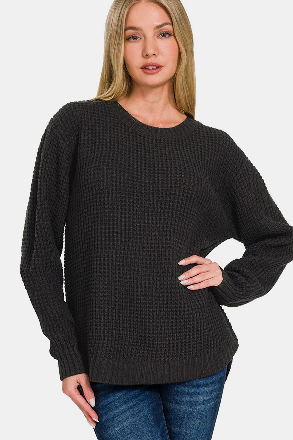 Zenana - High Low Waffle-Knit Sweater - Black - Inspired Eye Boutique