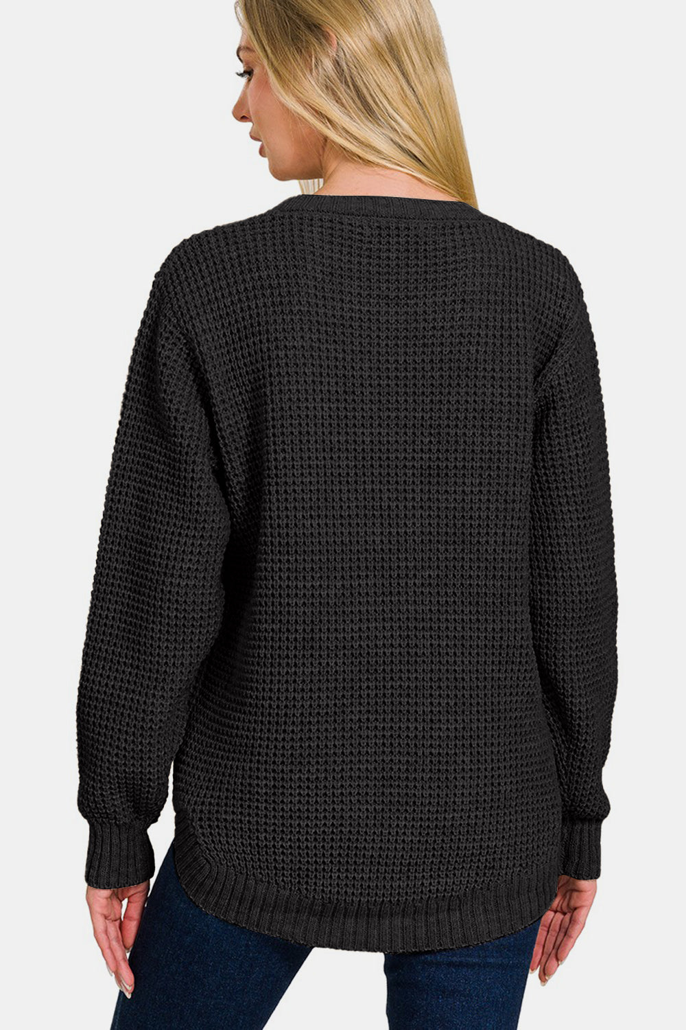 Zenana - High Low Waffle-Knit Sweater - Black - Inspired Eye Boutique