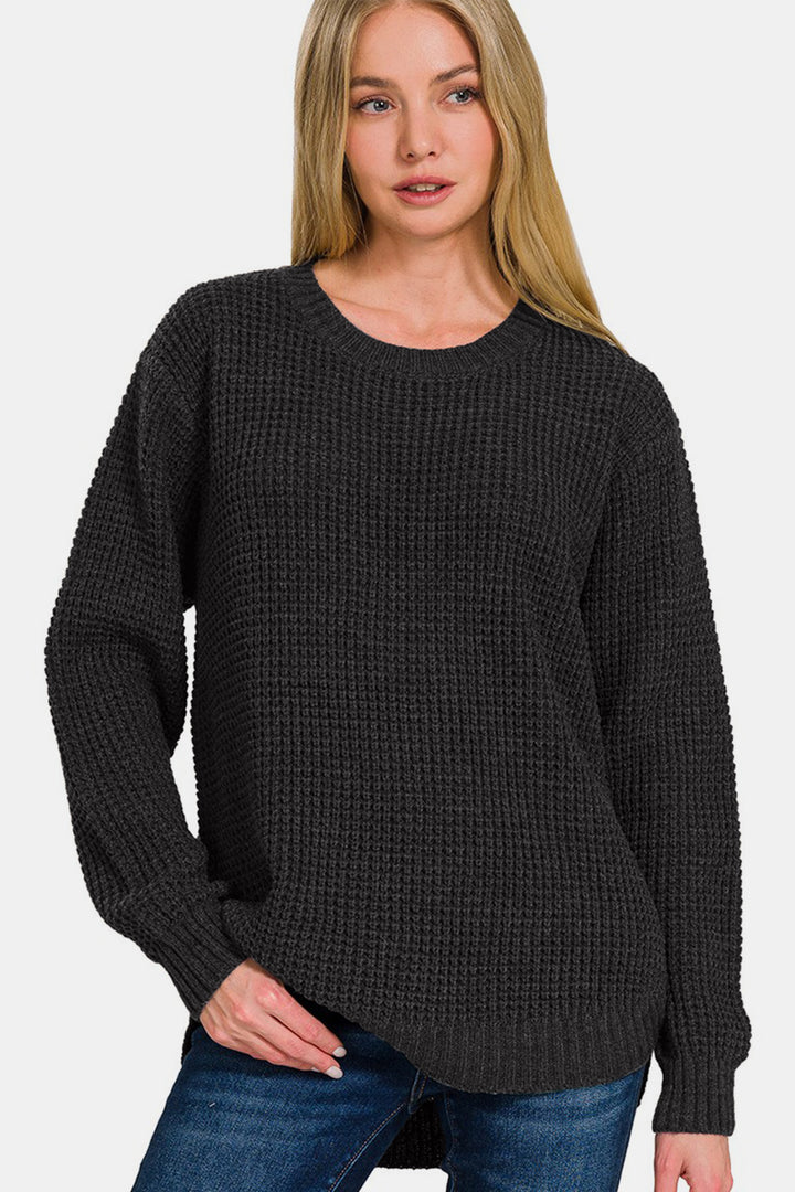 Zenana - High Low Waffle-Knit Sweater - Black - Inspired Eye Boutique