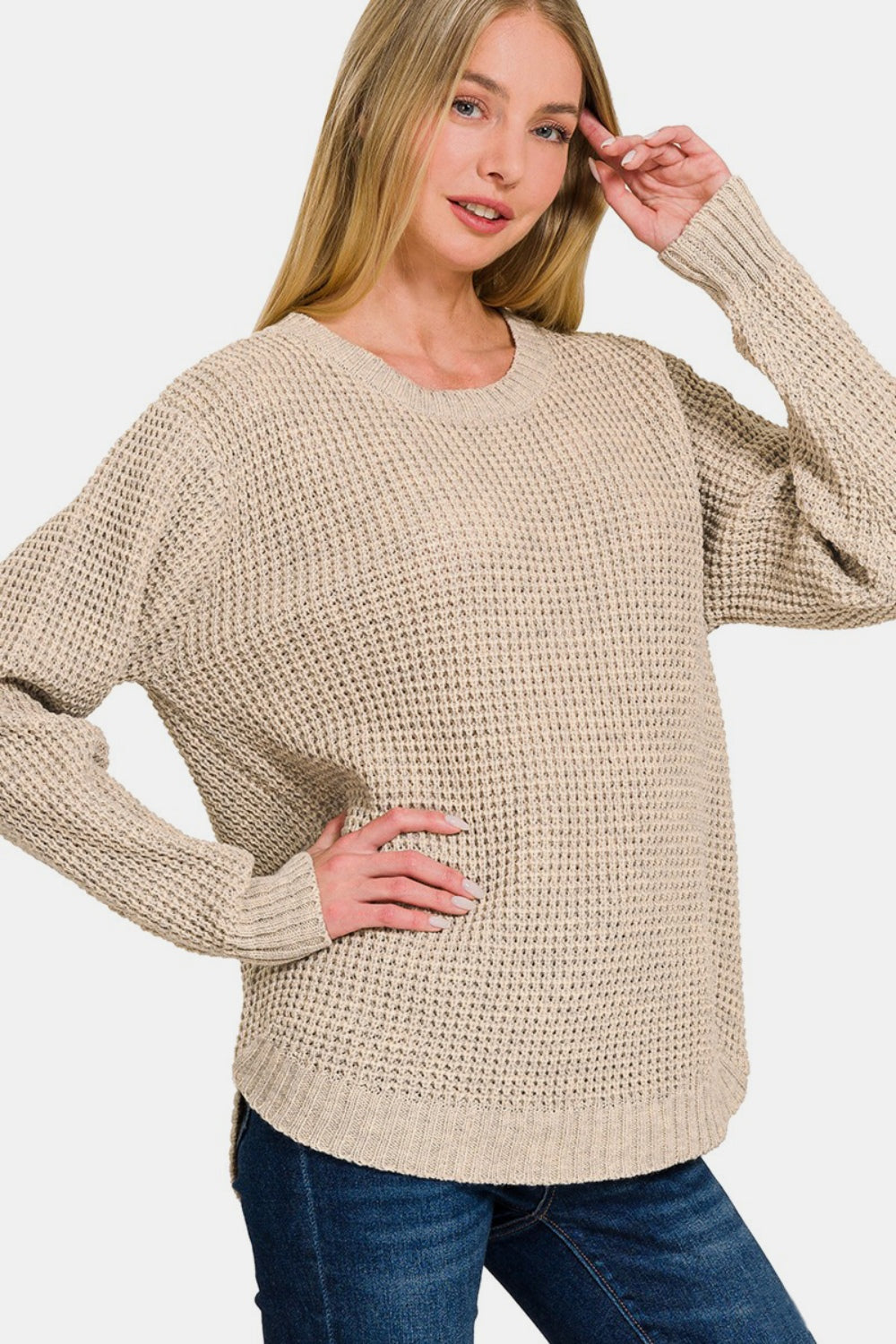 Zenana - High Low Waffle-Knit Sweater - H Beige - Inspired Eye Boutique