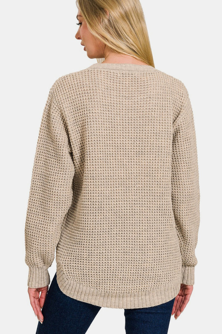 Zenana - High Low Waffle-Knit Sweater - H Beige - Inspired Eye Boutique