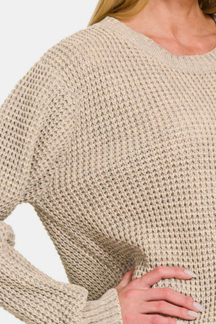 Zenana - High Low Waffle-Knit Sweater - H Beige - Inspired Eye Boutique