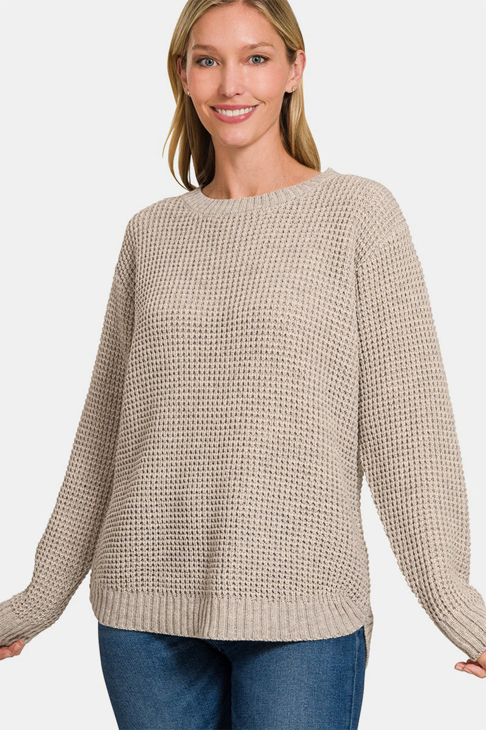 Zenana - High Low Waffle-Knit Sweater - H Mocha - Inspired Eye Boutique