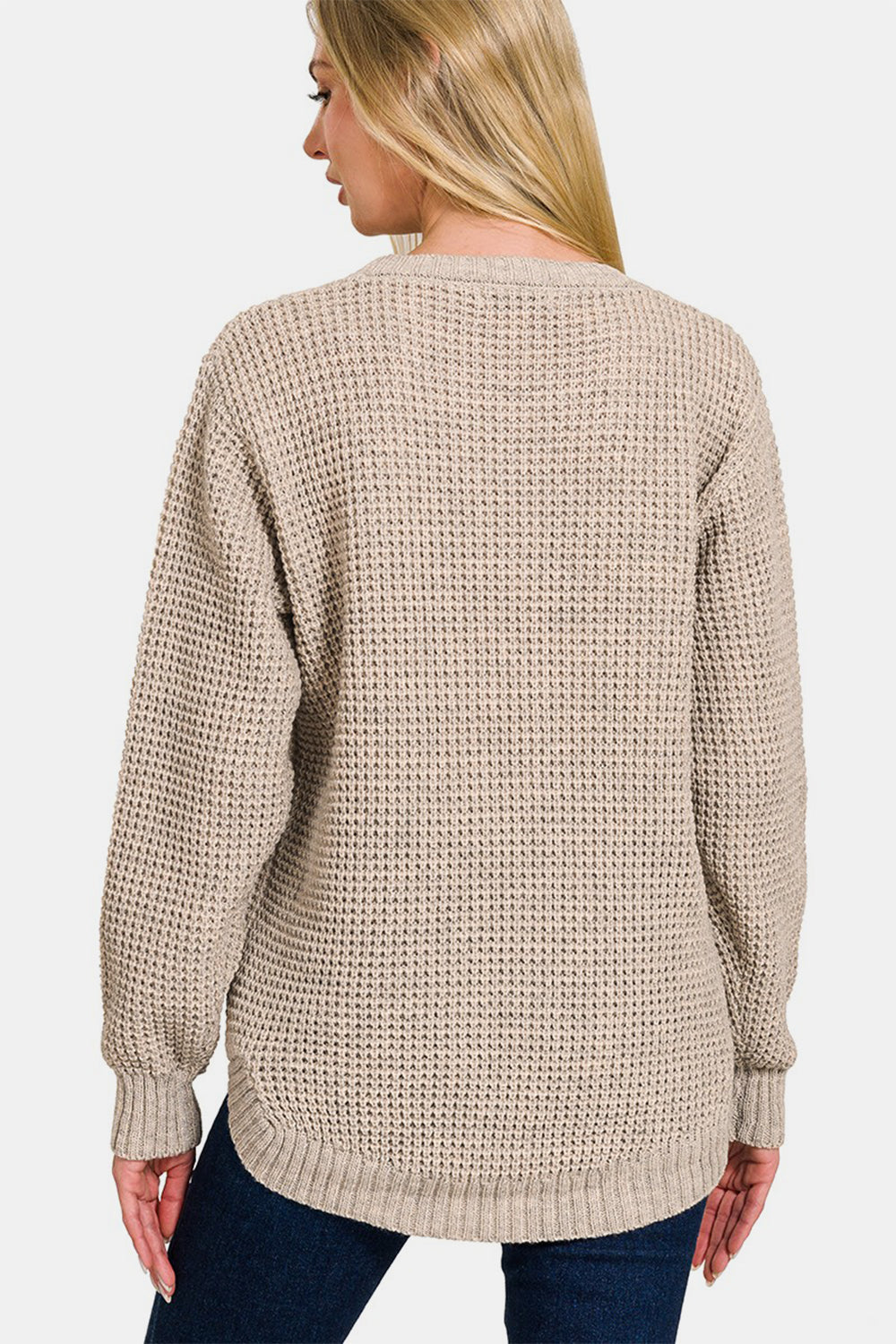 Zenana - High Low Waffle-Knit Sweater - H Mocha - Inspired Eye Boutique