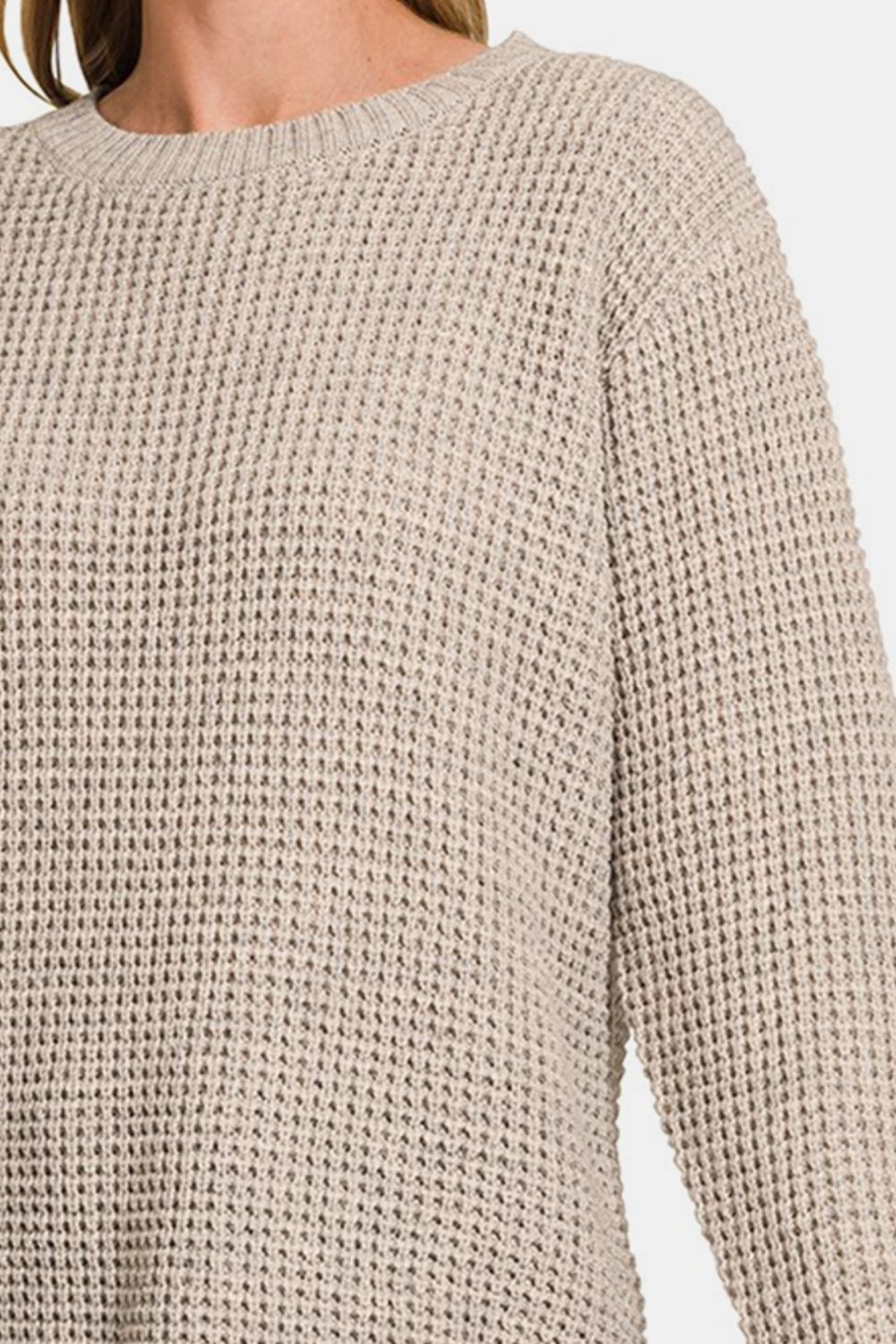 Zenana - High Low Waffle-Knit Sweater - H Mocha - Inspired Eye Boutique