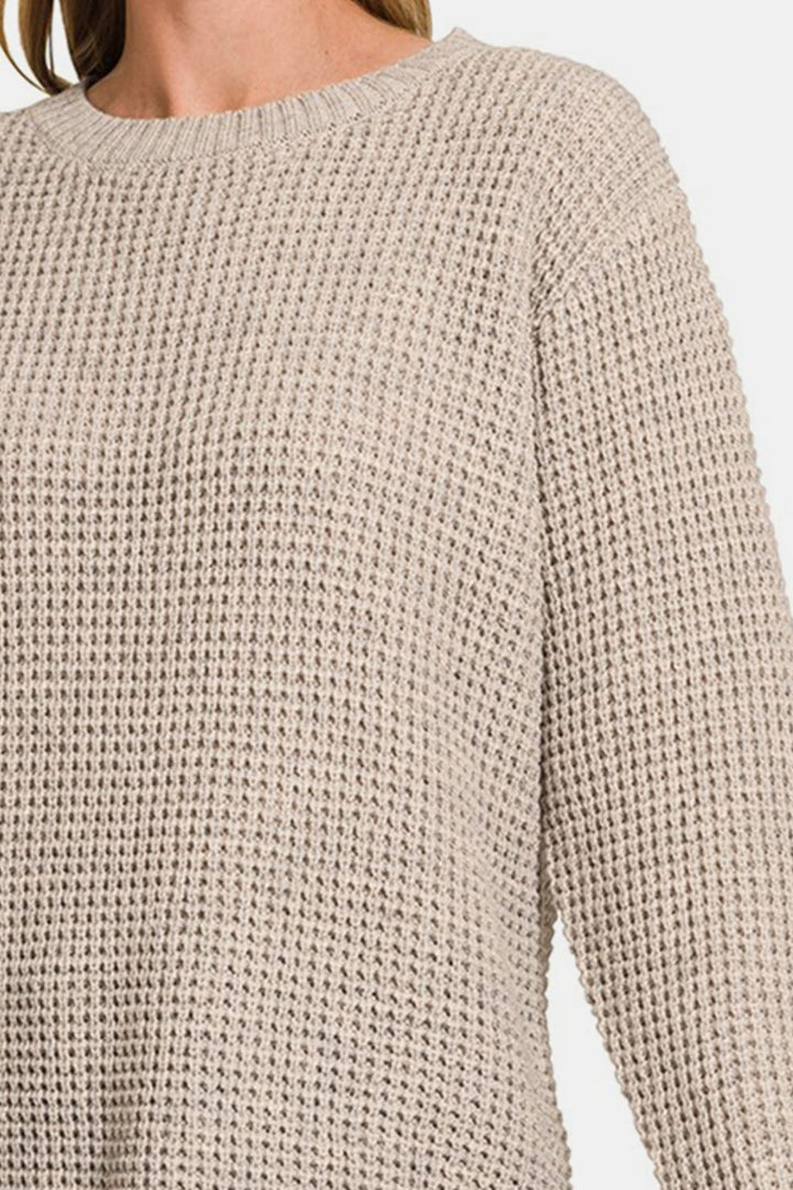 Zenana - High Low Waffle-Knit Sweater - H Mocha - Inspired Eye Boutique