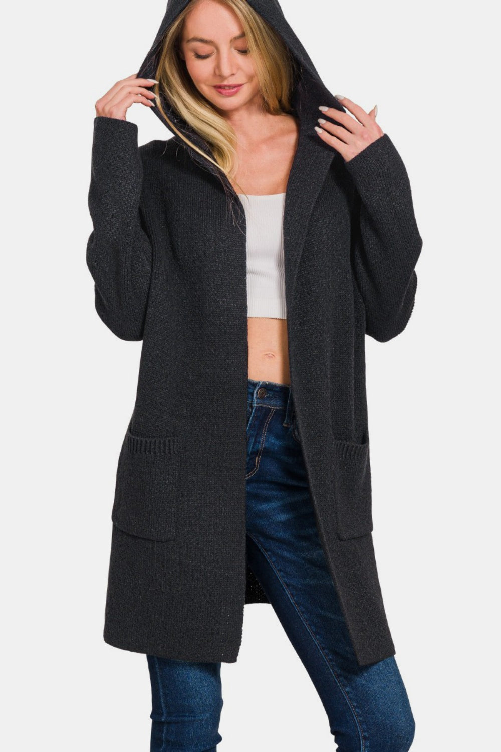 Zenana - Hooded Cardigan Sweater - Black - Inspired Eye Boutique