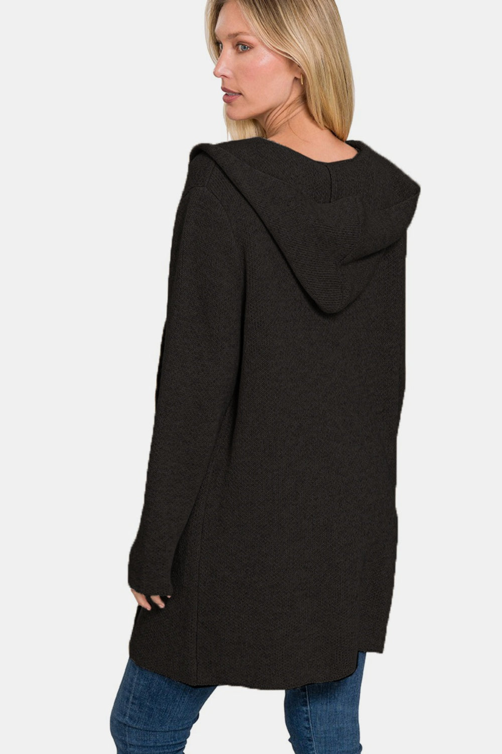 Zenana - Hooded Cardigan Sweater - Black - Inspired Eye Boutique