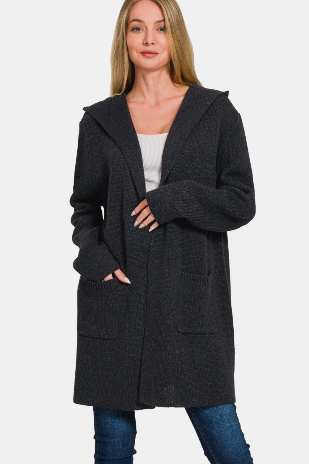 Zenana - Hooded Cardigan Sweater - Black - Inspired Eye Boutique