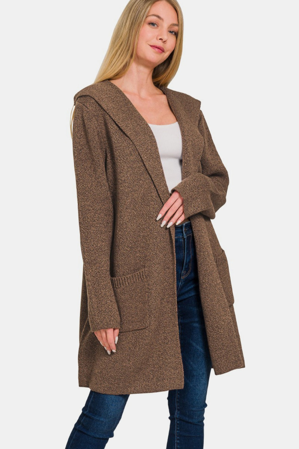 Zenana - Hooded Cardigan Sweater - Brown - Inspired Eye Boutique