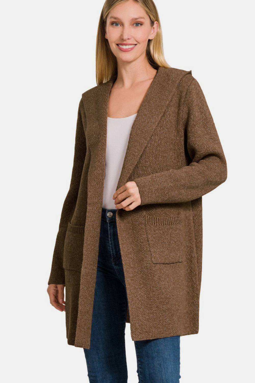 Zenana - Hooded Cardigan Sweater - Brown - Inspired Eye Boutique