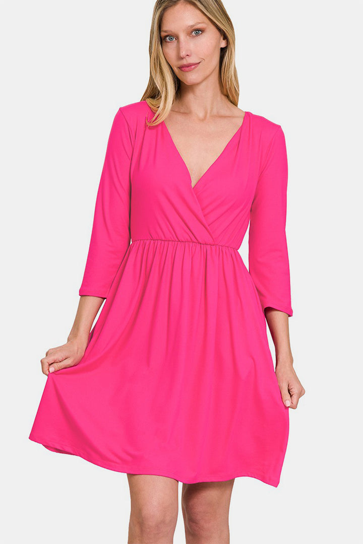 Zenana Hot Pink Surplice Dress with Pockets - Inspired Eye Boutique