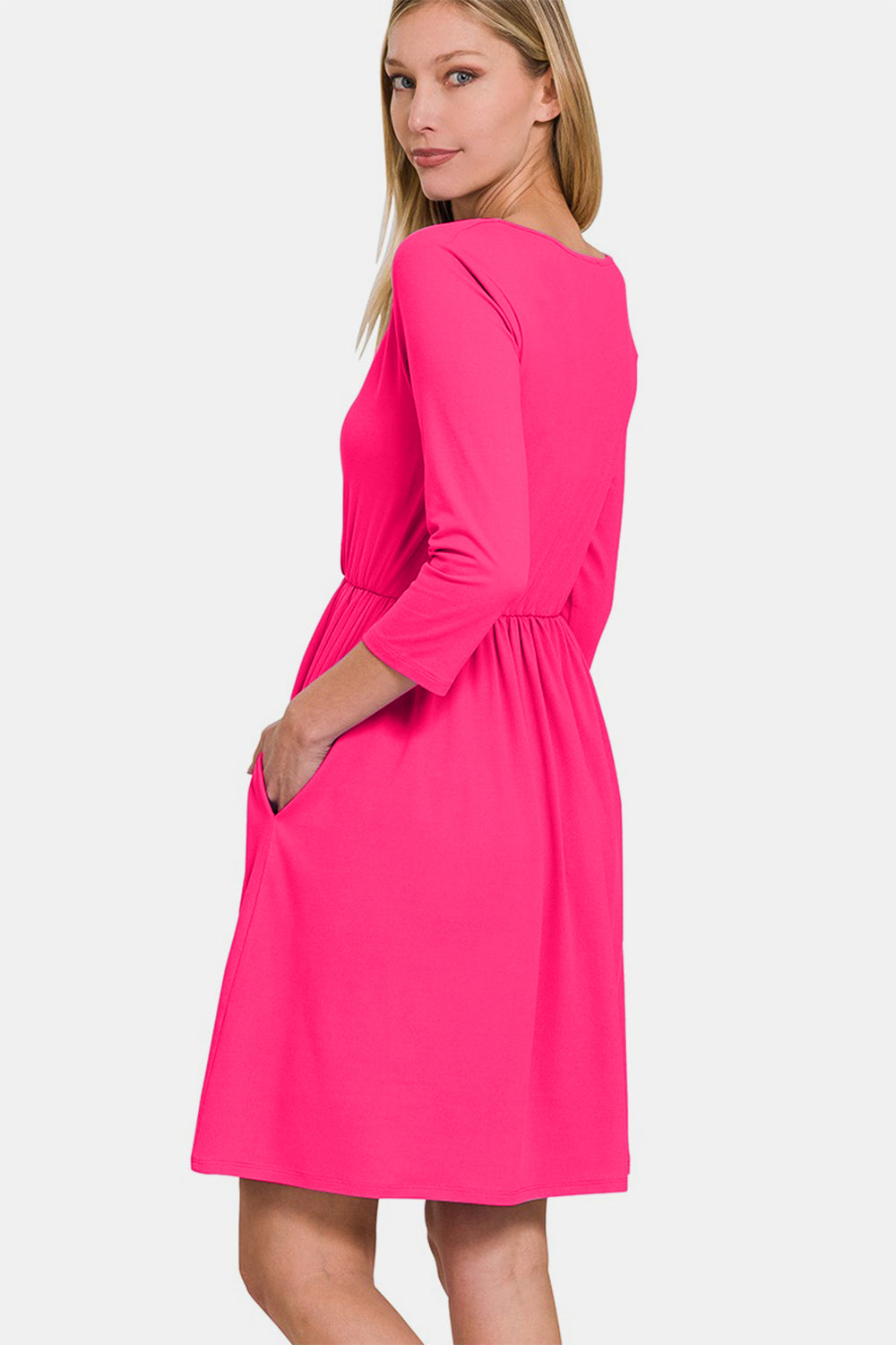 Zenana Hot Pink Surplice Dress with Pockets - Inspired Eye Boutique