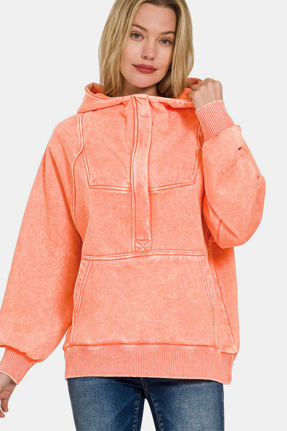 Zenana - Kangaroo Pocket Hoodie - Coral - Inspired Eye Boutique