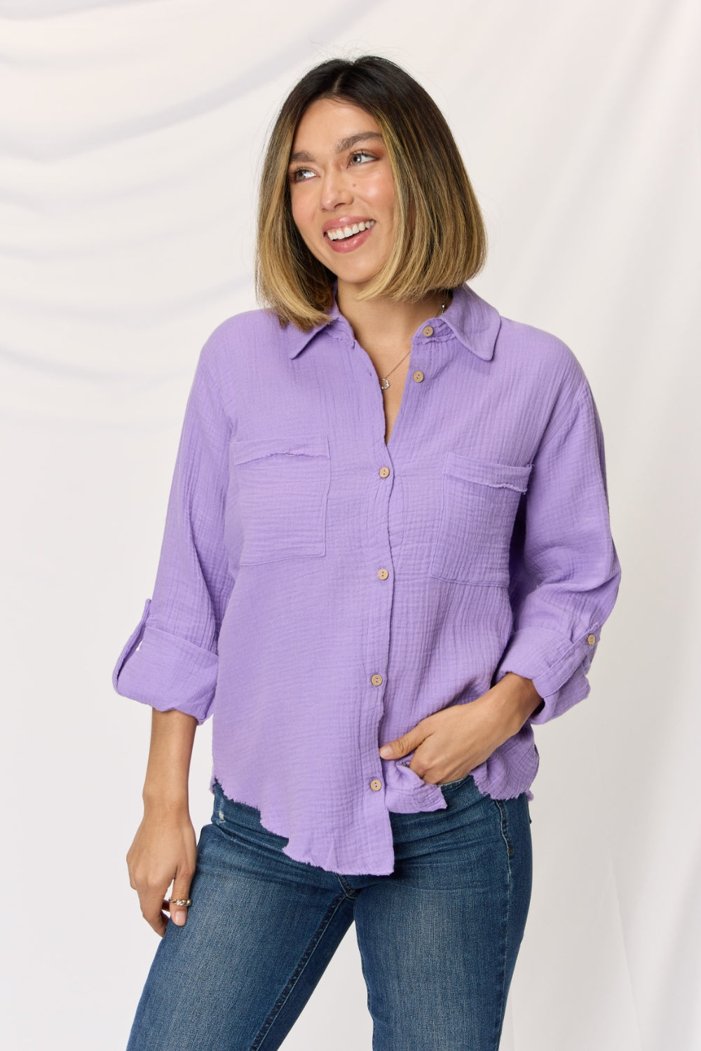Zenana - Lavender Button-Up Shirt - Womens - Inspired Eye Boutique