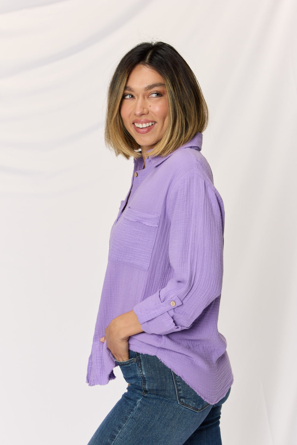 Zenana - Lavender Button-Up Shirt - Womens - Inspired Eye Boutique