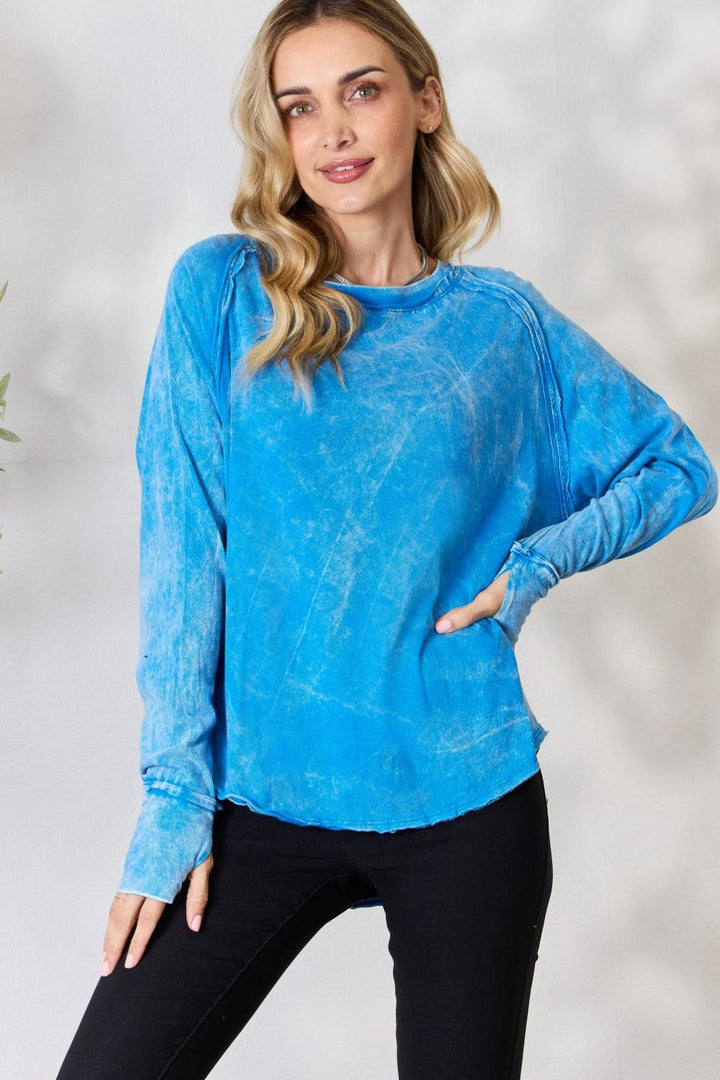 Zenana - Long Sleeve Acid Wash Tee - Ocean Blue - Inspired Eye Boutique