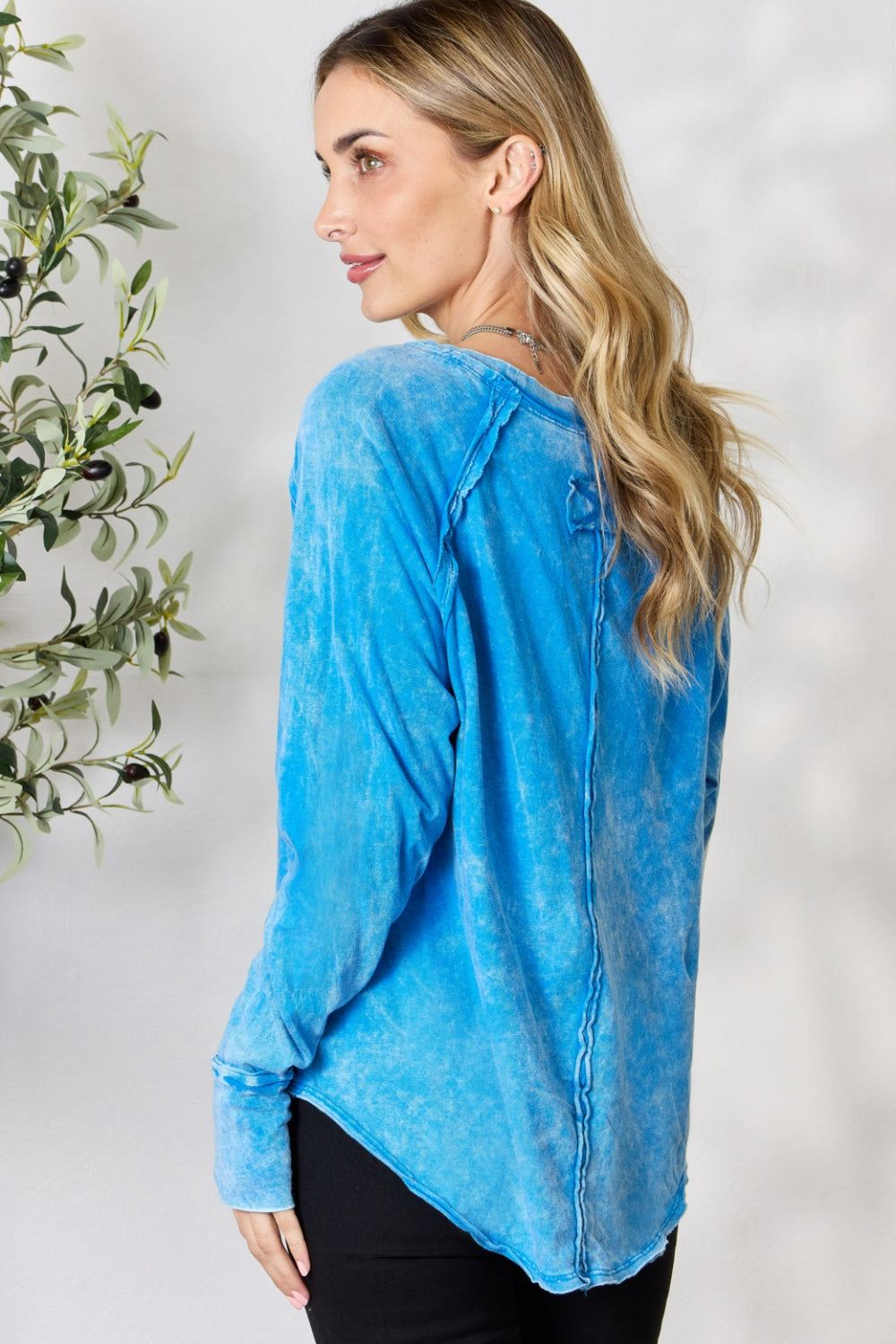 Zenana - Long Sleeve Acid Wash Tee - Ocean Blue - Inspired Eye Boutique