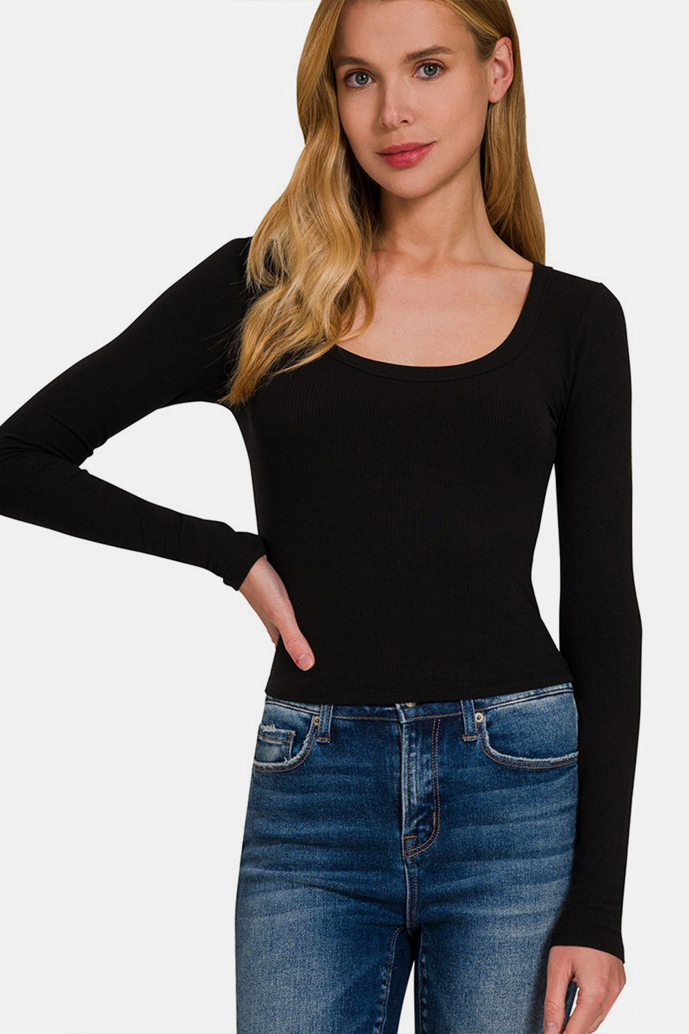 Zenana - Long Sleeve Boat Neck Spandex Tee - Black - Inspired Eye Boutique