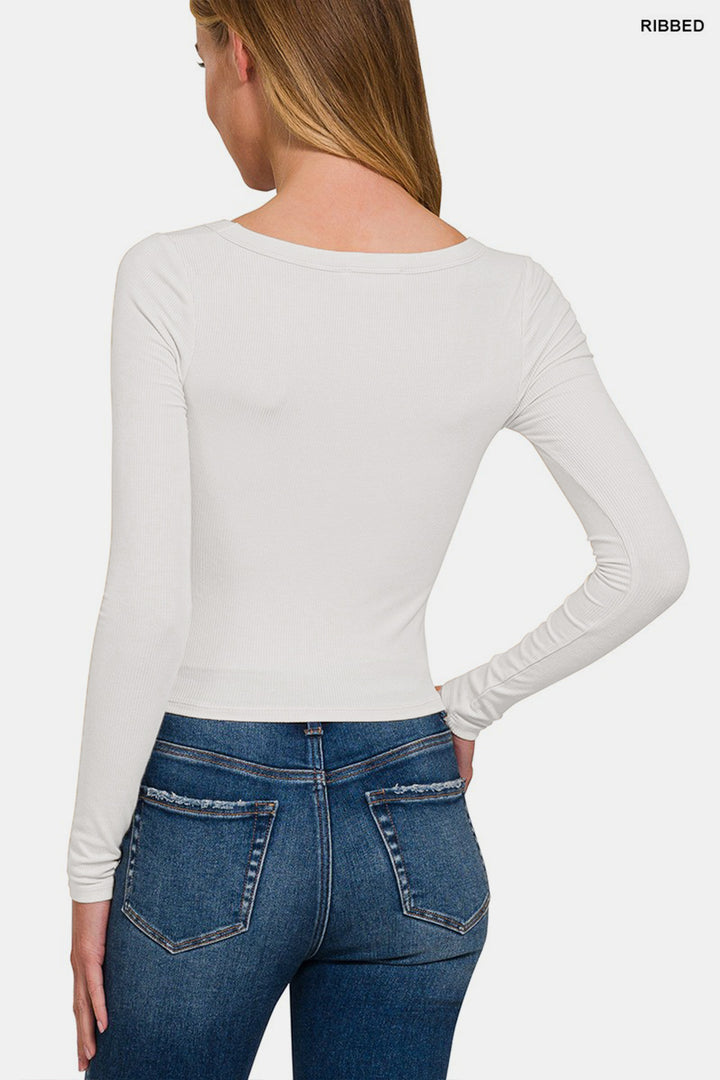 Zenana Long Sleeve Boat Neck Spandex Tee - White - Inspired Eye Boutique