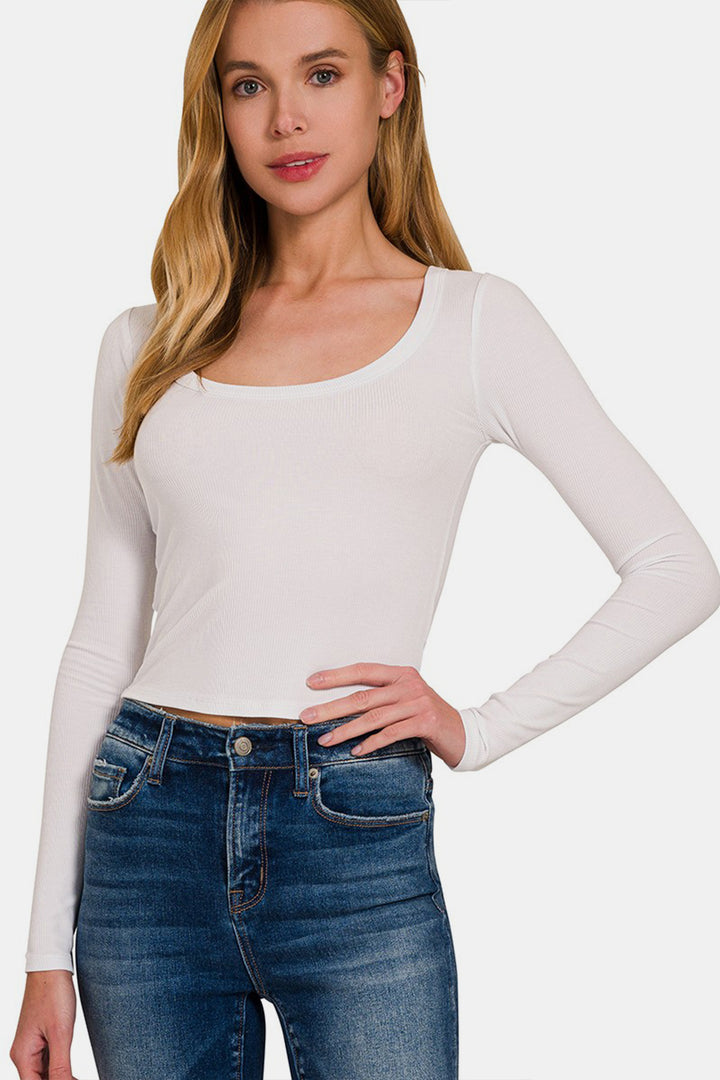 Zenana Long Sleeve Boat Neck Spandex Tee - White - Inspired Eye Boutique