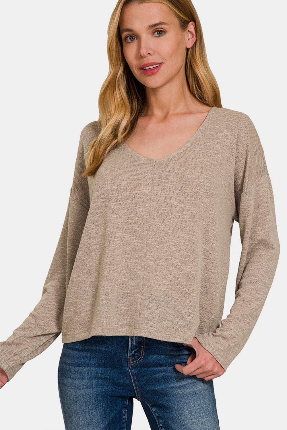 Zenana - Long Sleeve Knit Top - Mocha - Inspired Eye Boutique