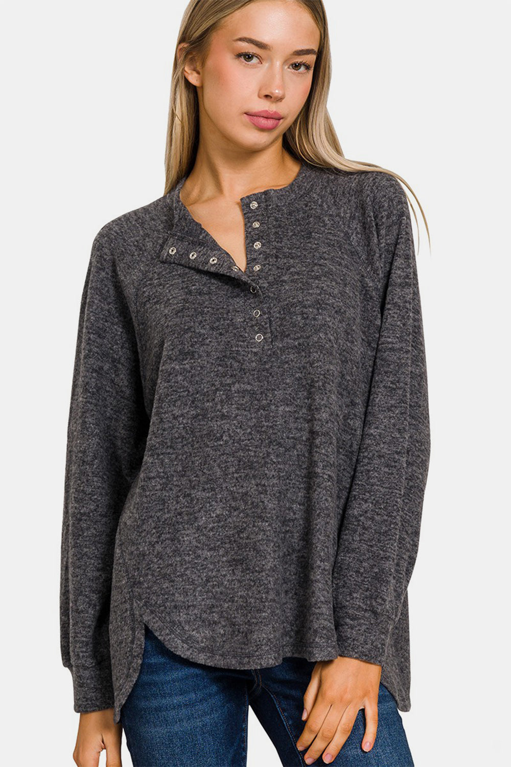 Zenana - Melange Hacci Henley Sweater - Black - Inspired Eye Boutique