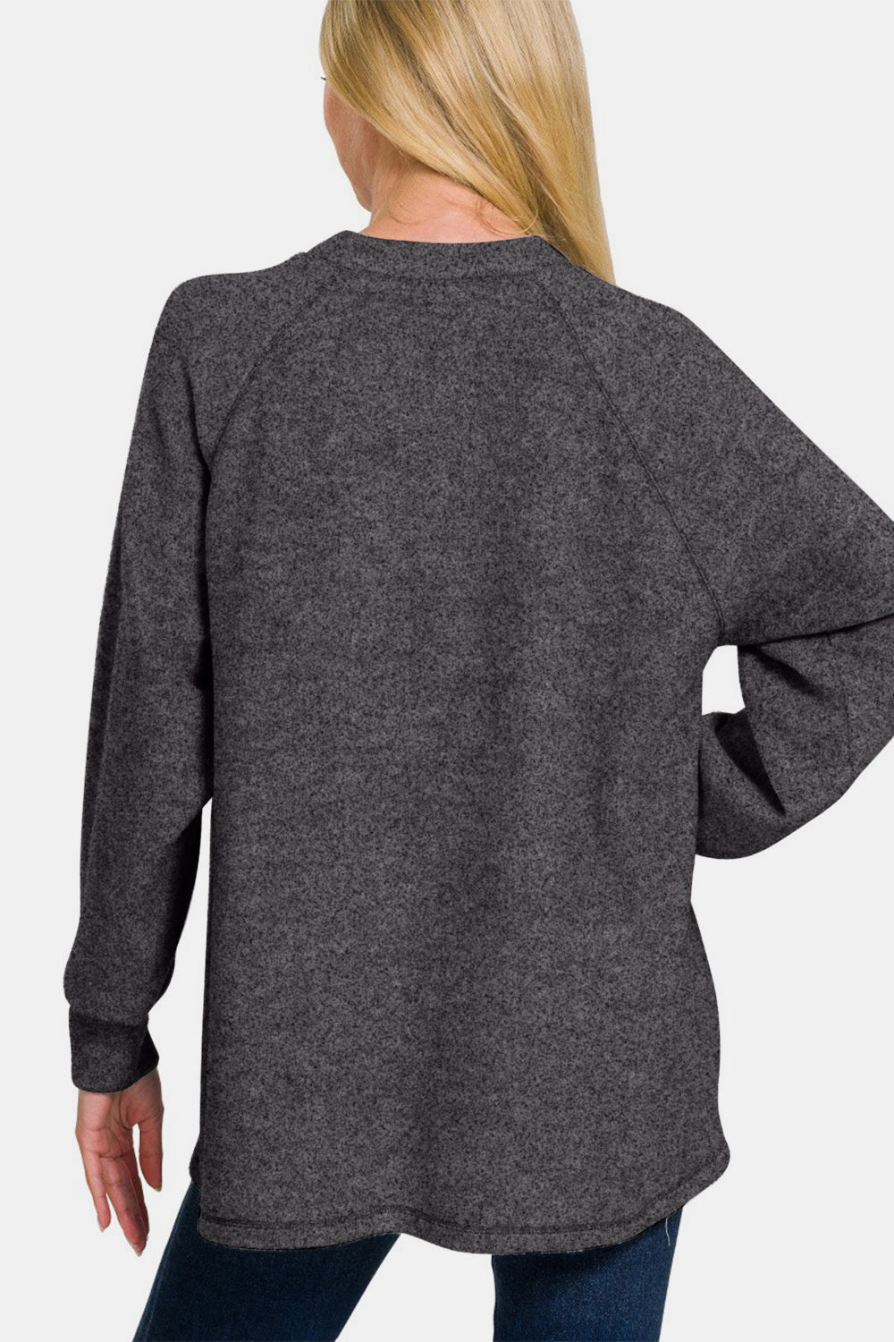 Zenana - Melange Hacci Henley Sweater - Black - Inspired Eye Boutique