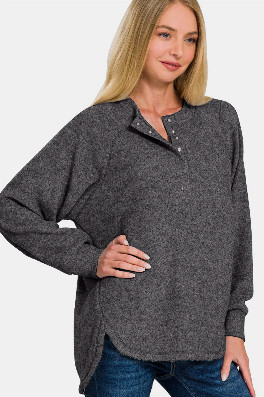 Zenana - Melange Hacci Henley Sweater - Black - Inspired Eye Boutique