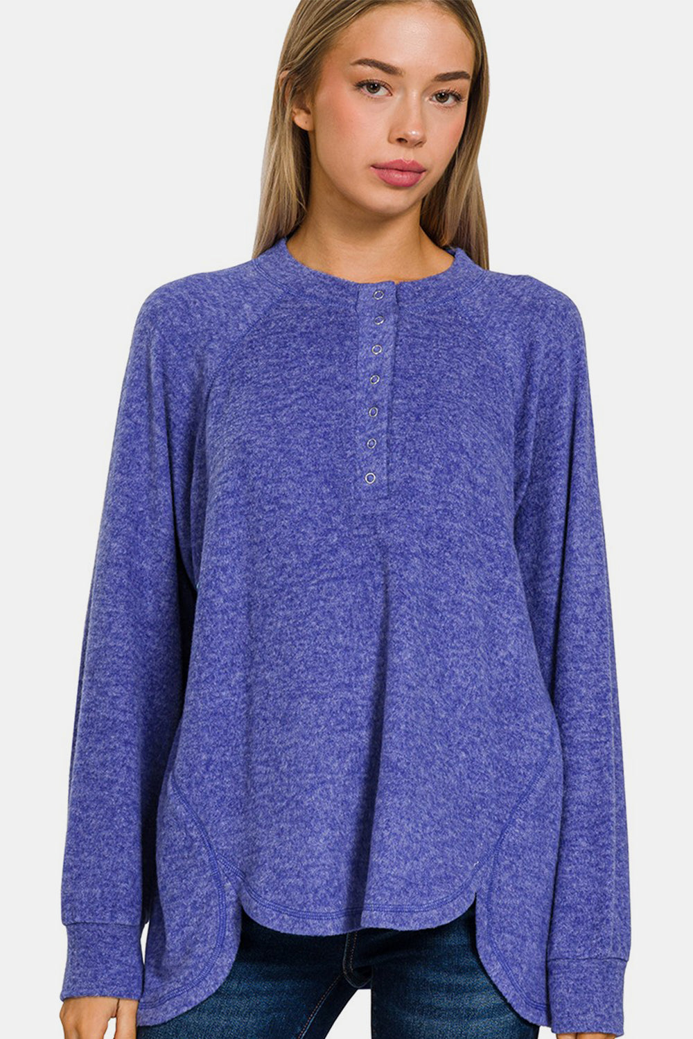 Zenana - Melange Hacci Henley Sweater - Bright Blue - Inspired Eye Boutique