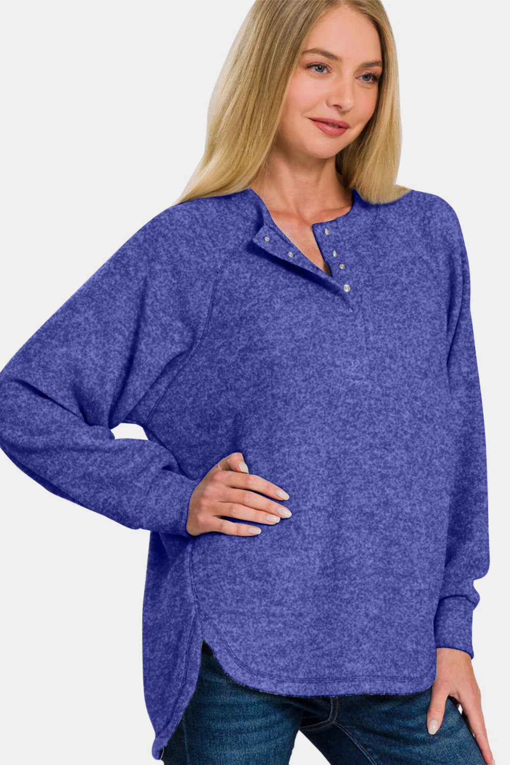 Zenana - Melange Hacci Henley Sweater - Bright Blue - Inspired Eye Boutique