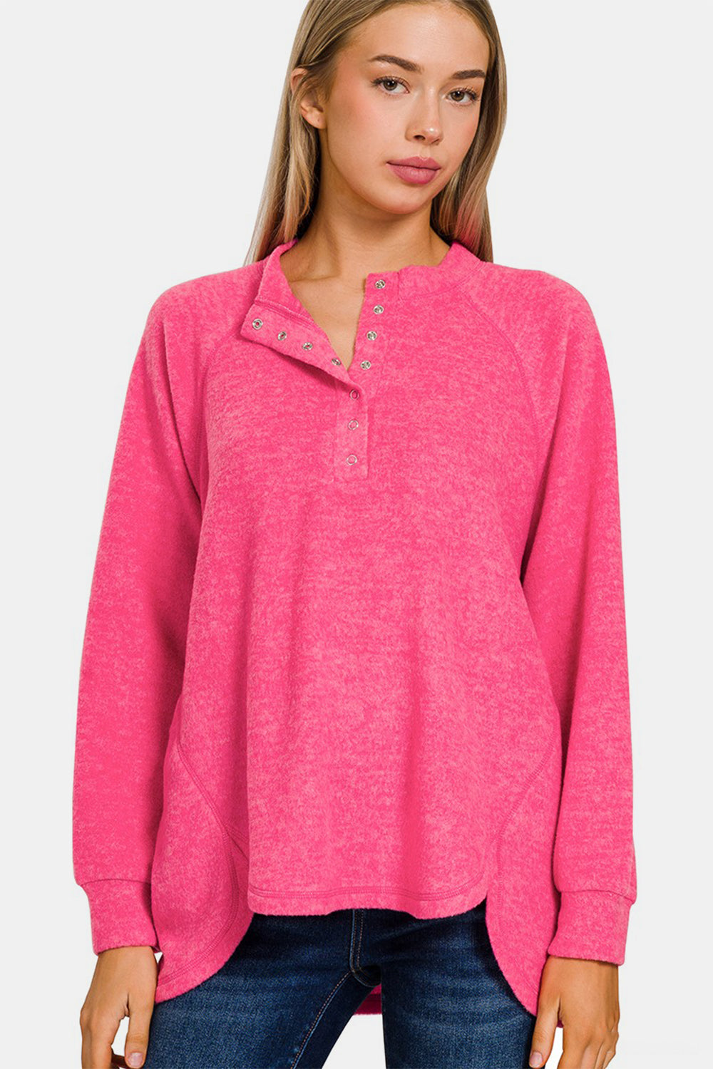 Zenana - Melange Hacci Henley Sweater - Fuchsia - Inspired Eye Boutique