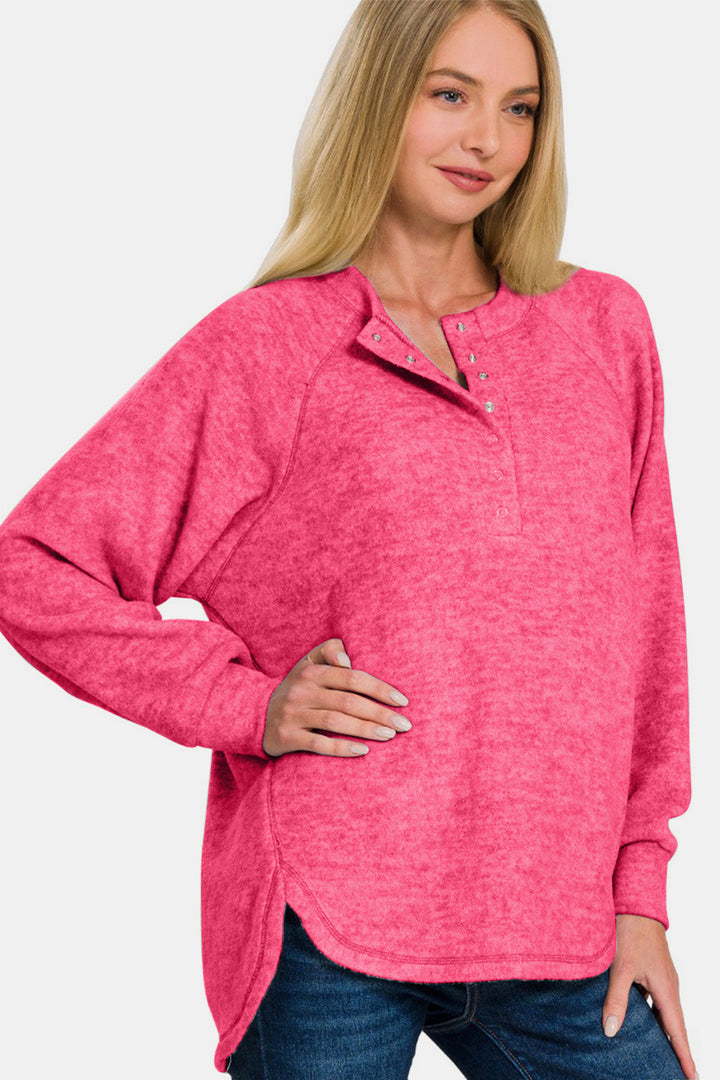 Zenana - Melange Hacci Henley Sweater - Fuchsia - Inspired Eye Boutique