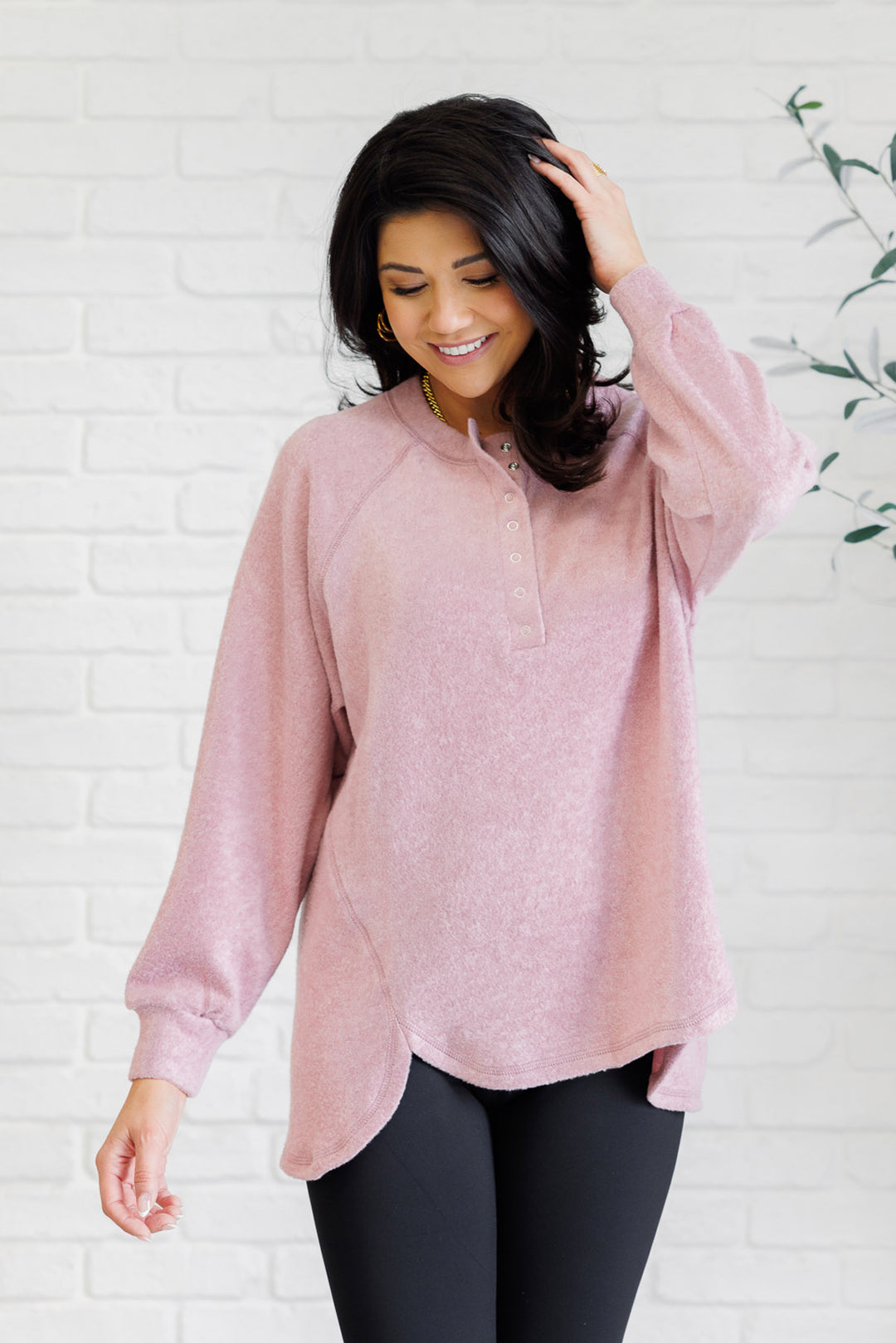 Zenana - Melange Hacci Henley Sweater - Light Rose - Inspired Eye Boutique