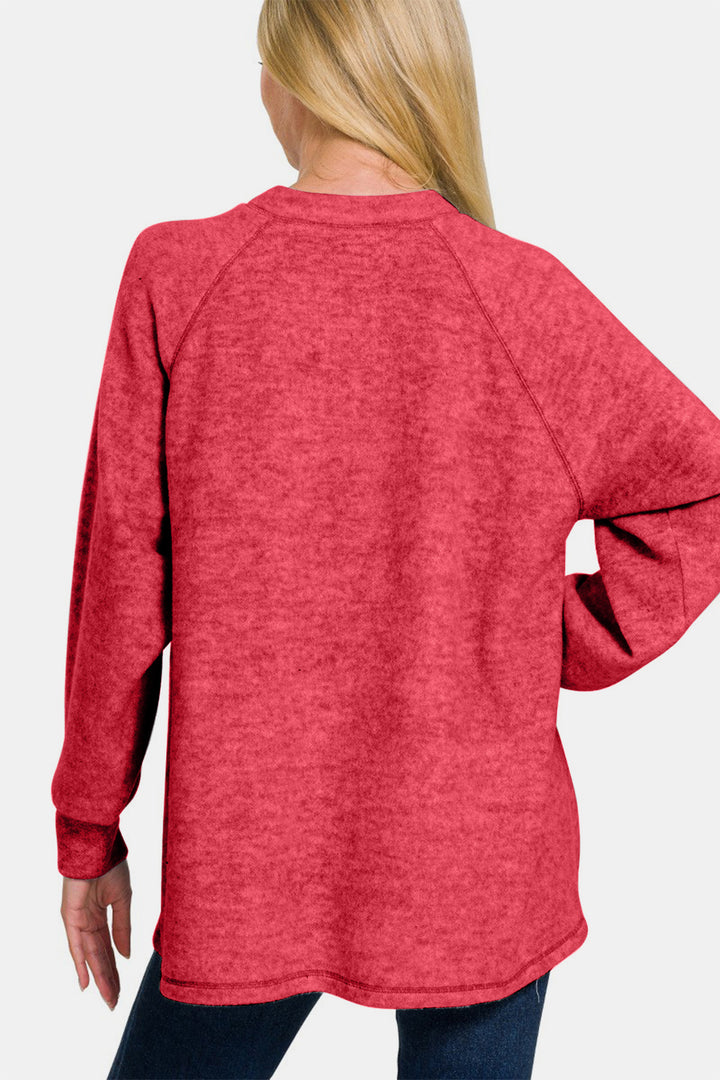 Zenana - Melange Hacci Henley Sweater - Red - Inspired Eye Boutique