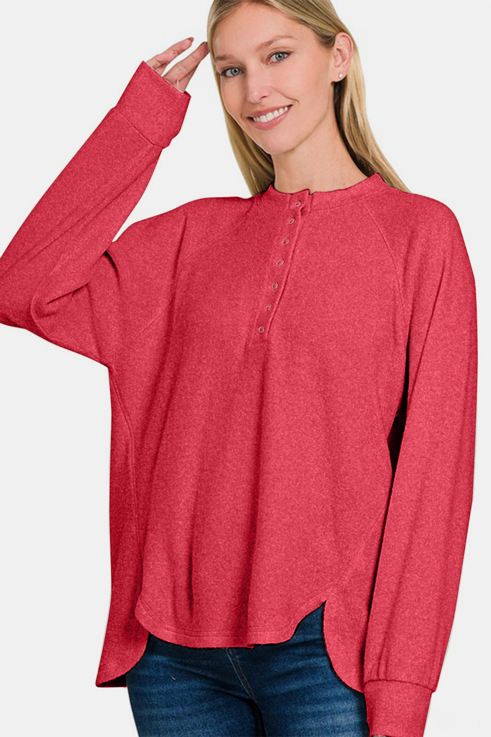 Zenana - Melange Hacci Henley Sweater - Red - Inspired Eye Boutique