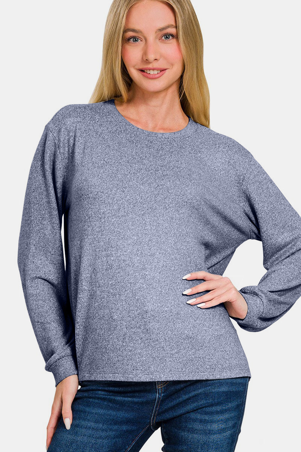 Zenana - Melange Hacci Long Sleeve Top - Light Navy - Inspired Eye Boutique