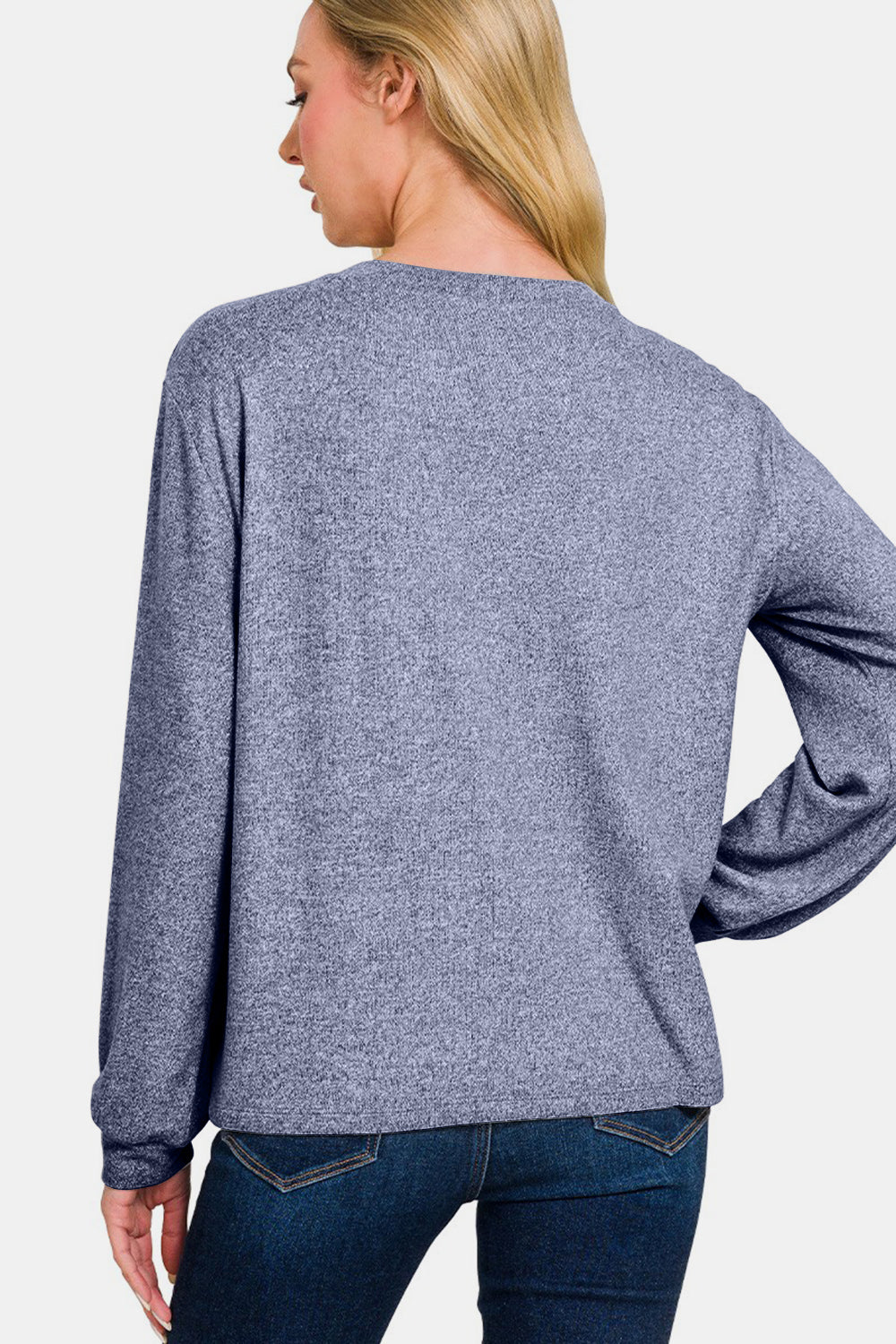 Zenana - Melange Hacci Long Sleeve Top - Light Navy - Inspired Eye Boutique