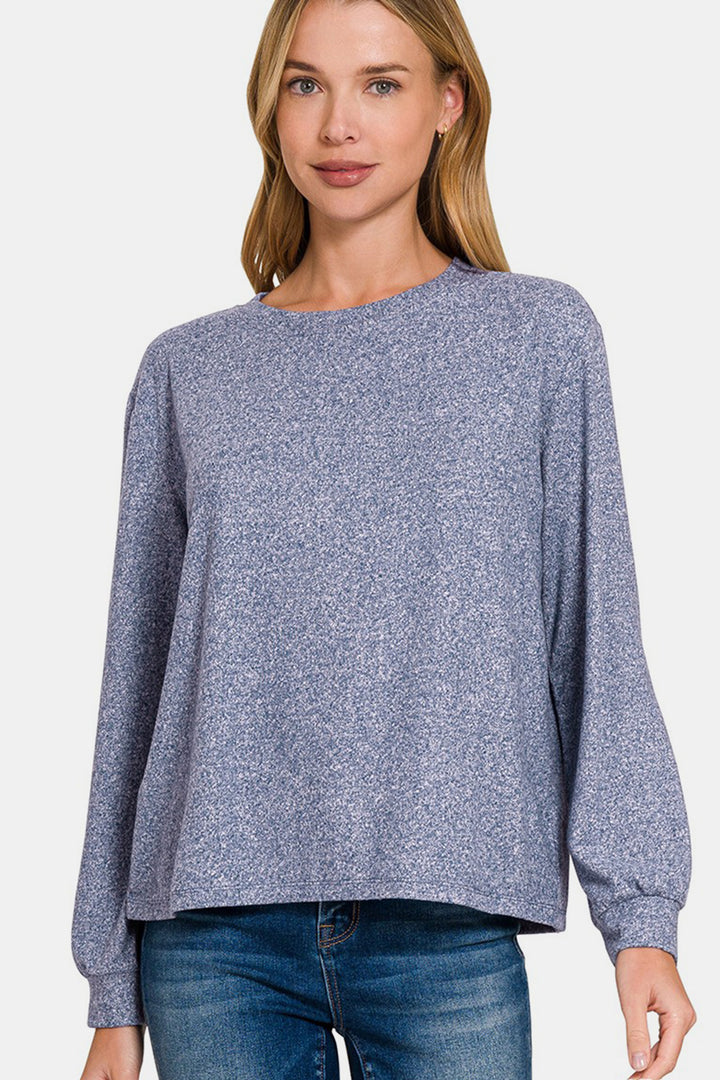 Zenana - Melange Hacci Long Sleeve Top - Light Navy - Inspired Eye Boutique