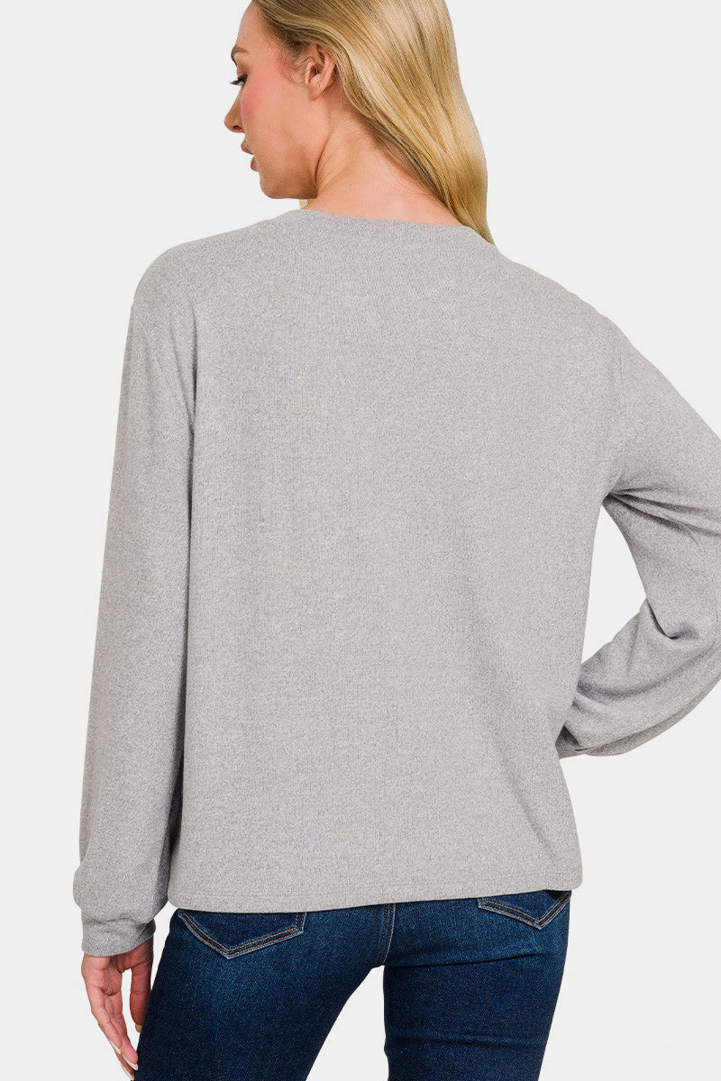 Zenana - Melange Hacci Long Sleeve Top - Lt Gray - Inspired Eye Boutique