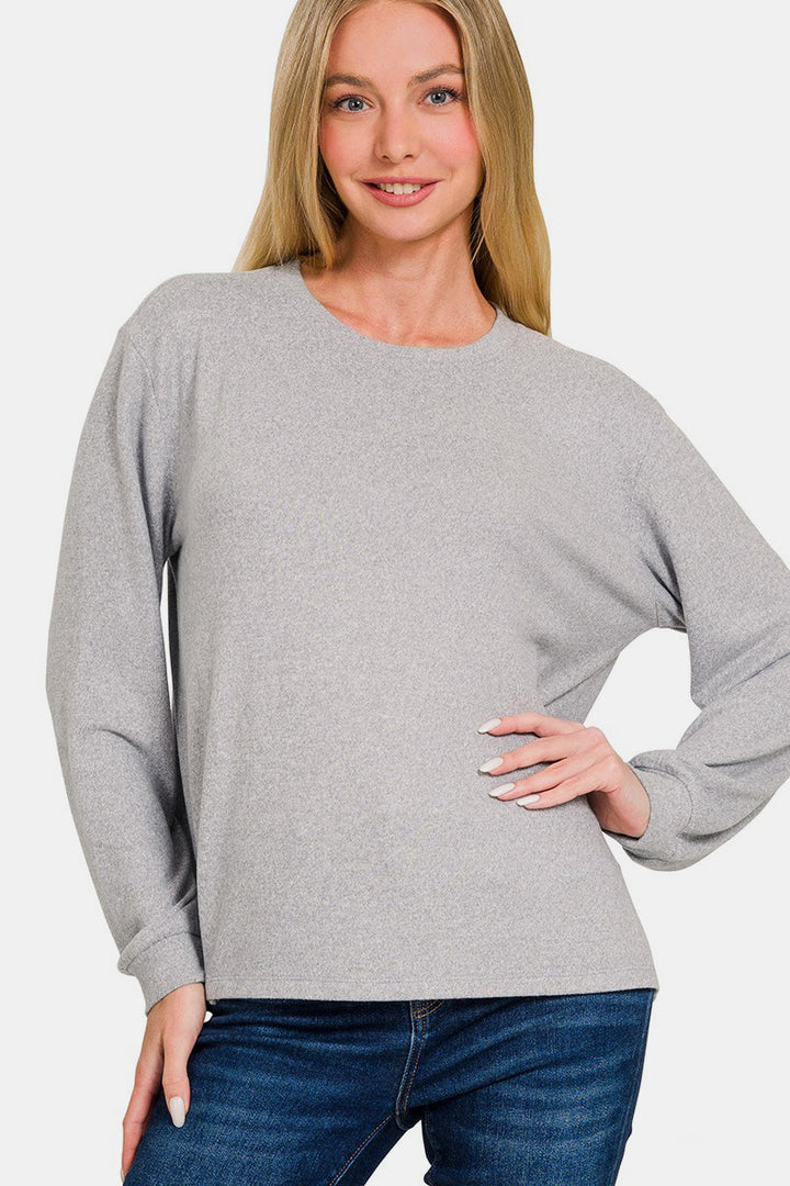 Zenana - Melange Hacci Long Sleeve Top - Lt Gray - Inspired Eye Boutique